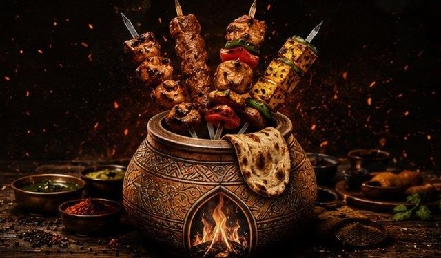 Charcoal grill with kebab skewers