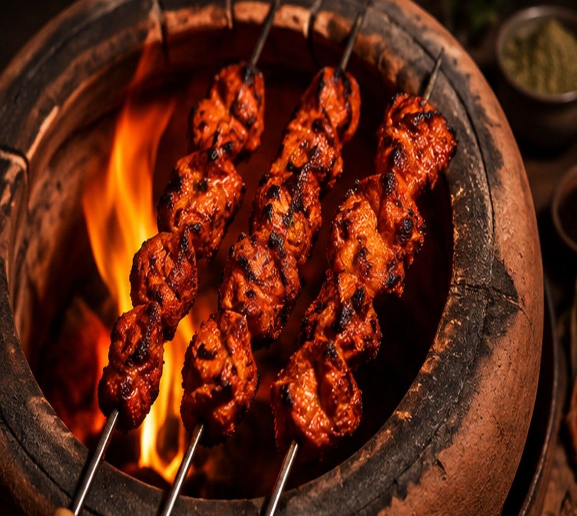 Fresh chicken tikka cooking over a glowing tandoor fire